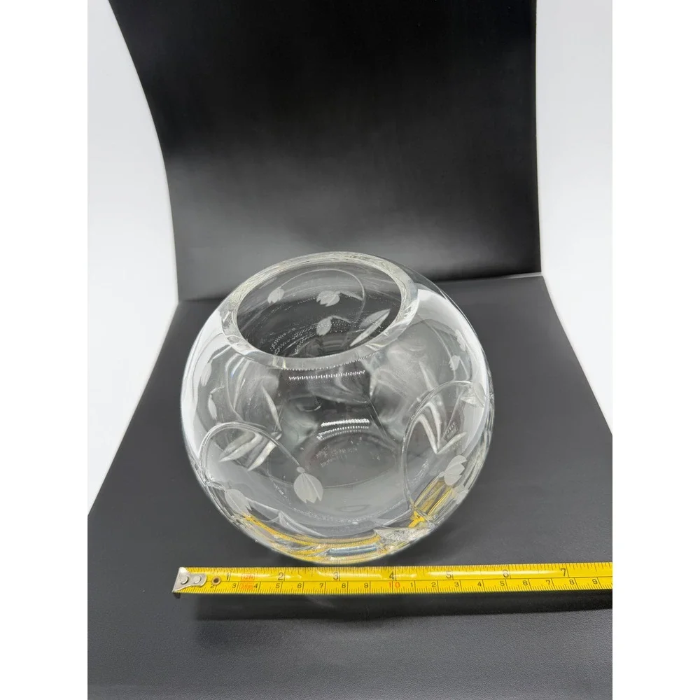Tiffany & Co Crystal‎ Rose Bowl Vase Snowdrop Etched Floral Glass Round 5 Inch